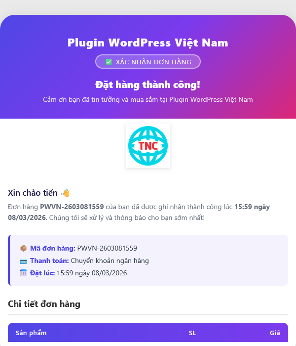 Tùy biến cảm ơn cho thông báo đơn hàng mới Woocommerce – Website WordPress