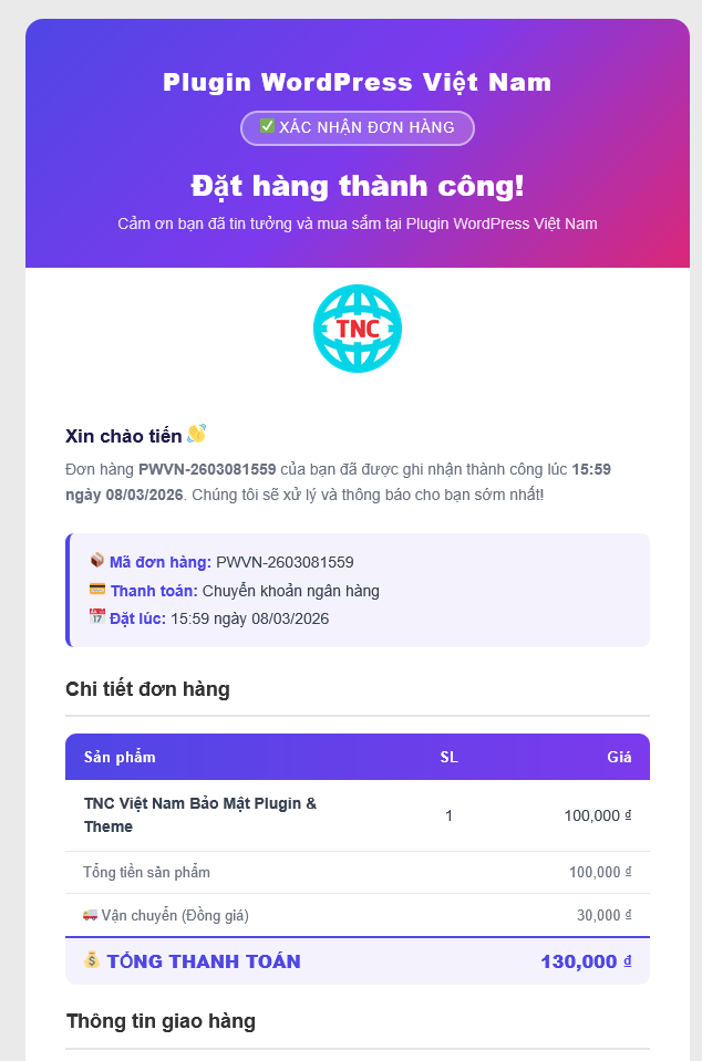 Tùy biến cảm ơn cho thông báo đơn hàng mới Woocommerce – Website WordPress - Ảnh 4